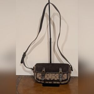 Coach Brown Signature Canvas Messenger Bag with Dark Brown Leather Trim